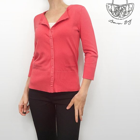 Grace Elements / Button Down Crew Neck Cardigan Sweater Top /Coral Pink / Size S - Picture 2 of 7